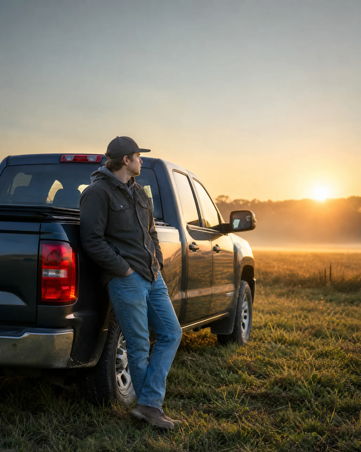 A man in a cap, dark jacket and jeans leans against the rear fender of a dark pickup truck parked in a grassy field at sunrise.
