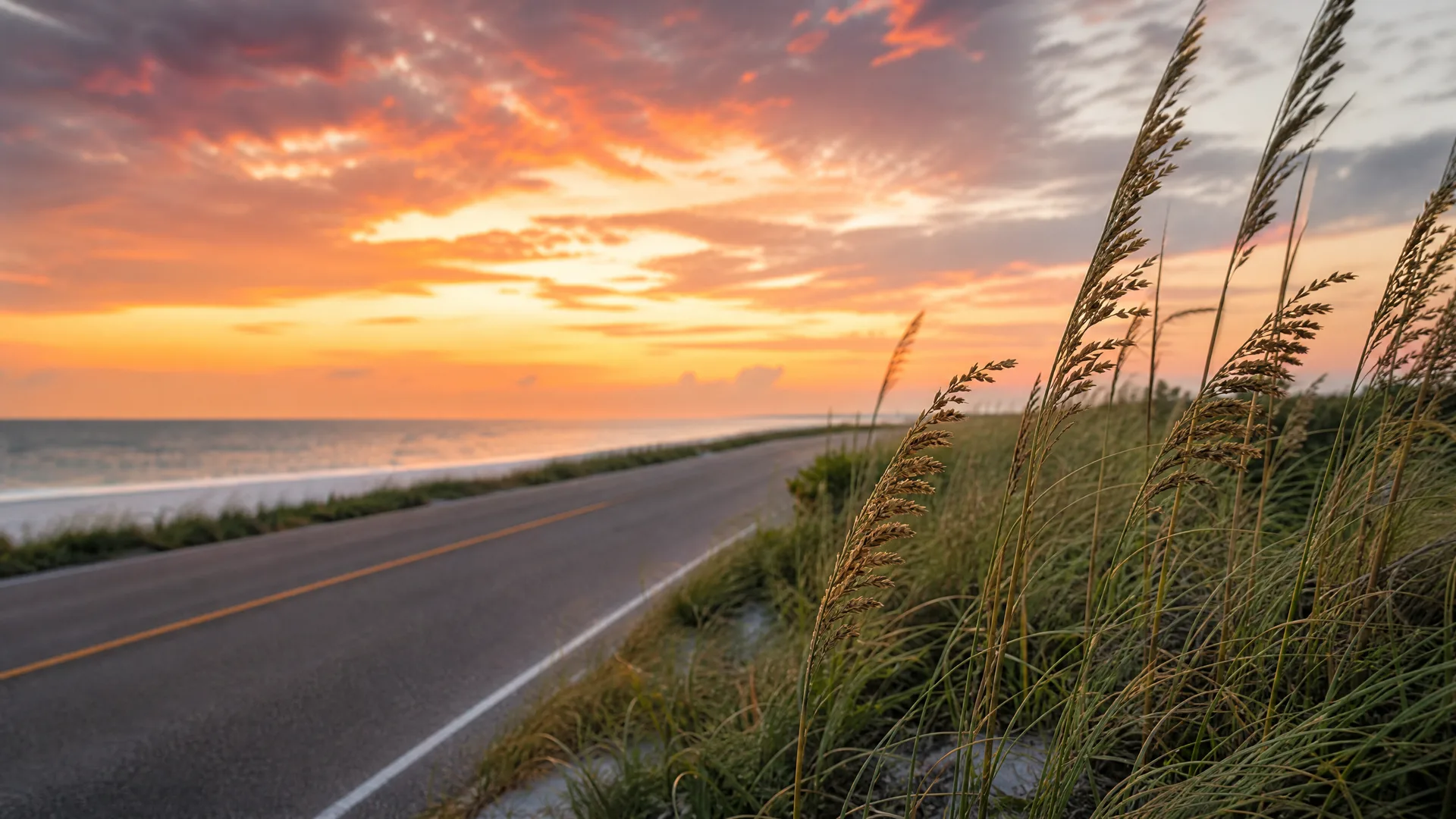 A two-lane asphalt road with a yellow center line curves along a coastline at sunset, with tall sea oats and dune grass in the foreground and an orange and pink cloudy sky over the ocean.